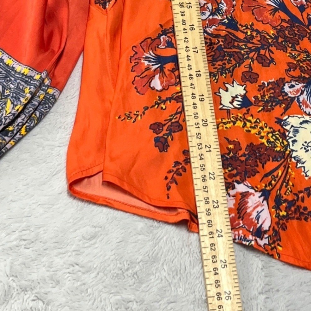 Free People Floral Print Blouse Womens XS Orange Peasant Boho Balloon Sleeve - Picture 5 of 11